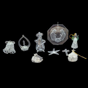 Hand Spun Blown Clear Glass Ornaments Monkey Bird Bells Candle Angel Lot of 9